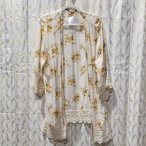 Floral Kimono with Lace Trim